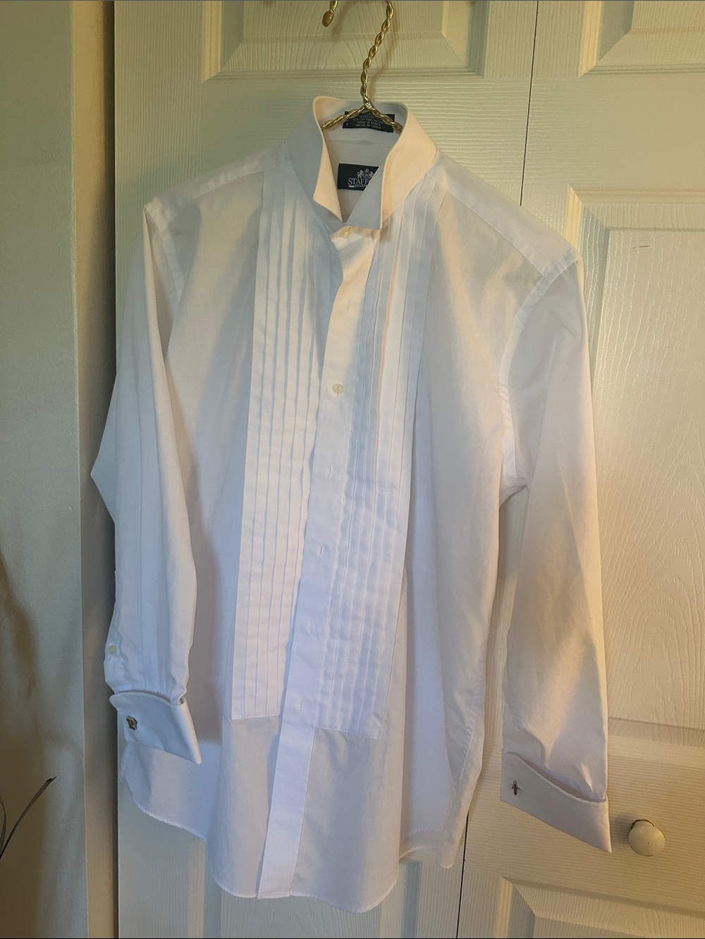 Stafford White Pleated Front Dress Shirt with Stand Collar